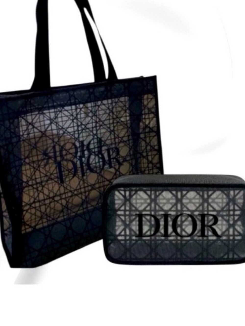 Dior Beauty Exclusive 2-piece set black mesh tote and a matching Cosmetic pouch